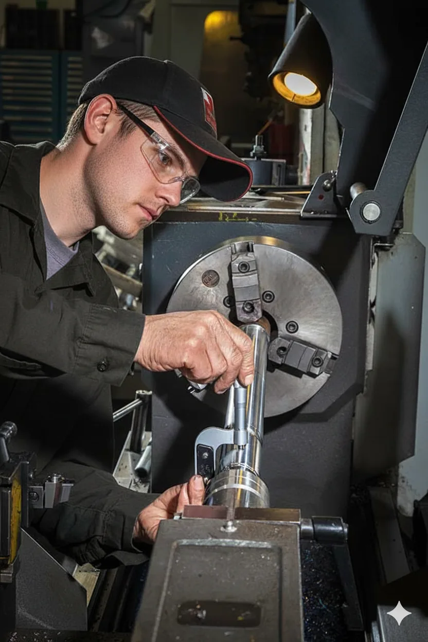 Técnico medindo um cilindro com micrômetro no torno